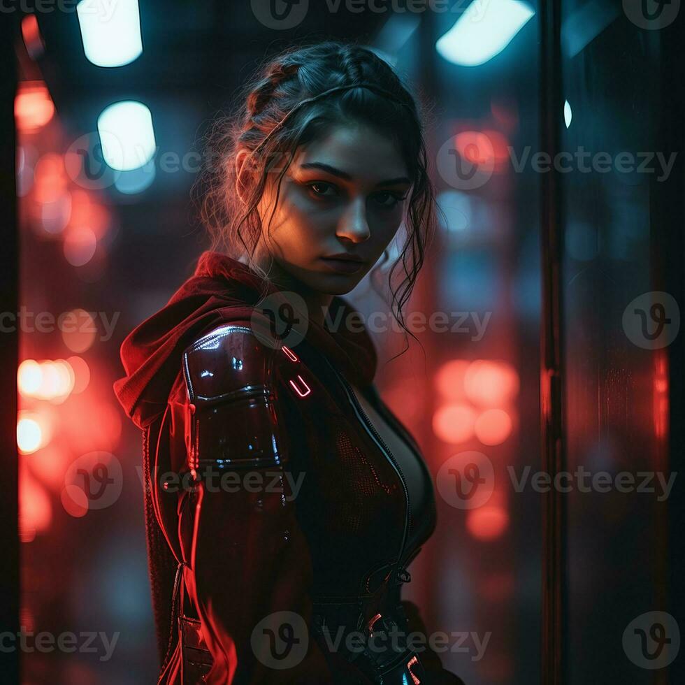 a woman in a red jacket standing in front of a red light generative ai photo
