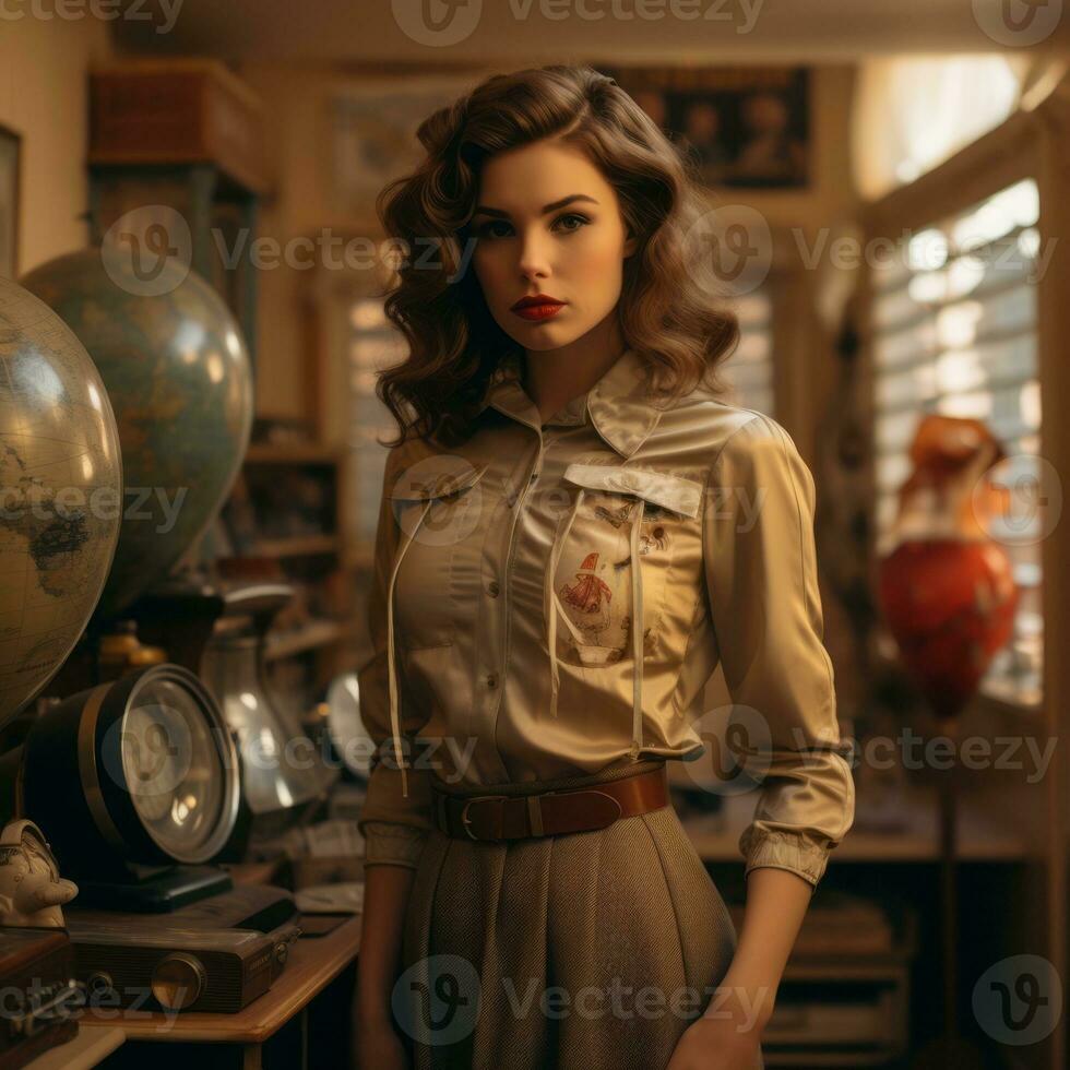 a woman in a shirt and skirt standing in front of a desk generative ai photo