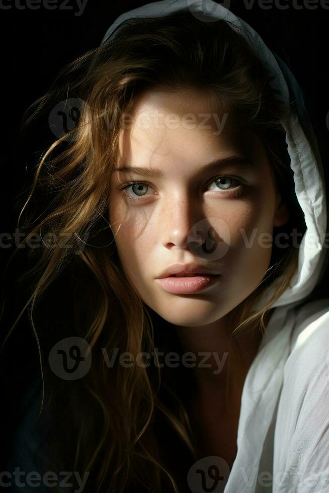 a woman in a white hoodie looking at the camera generative ai photo
