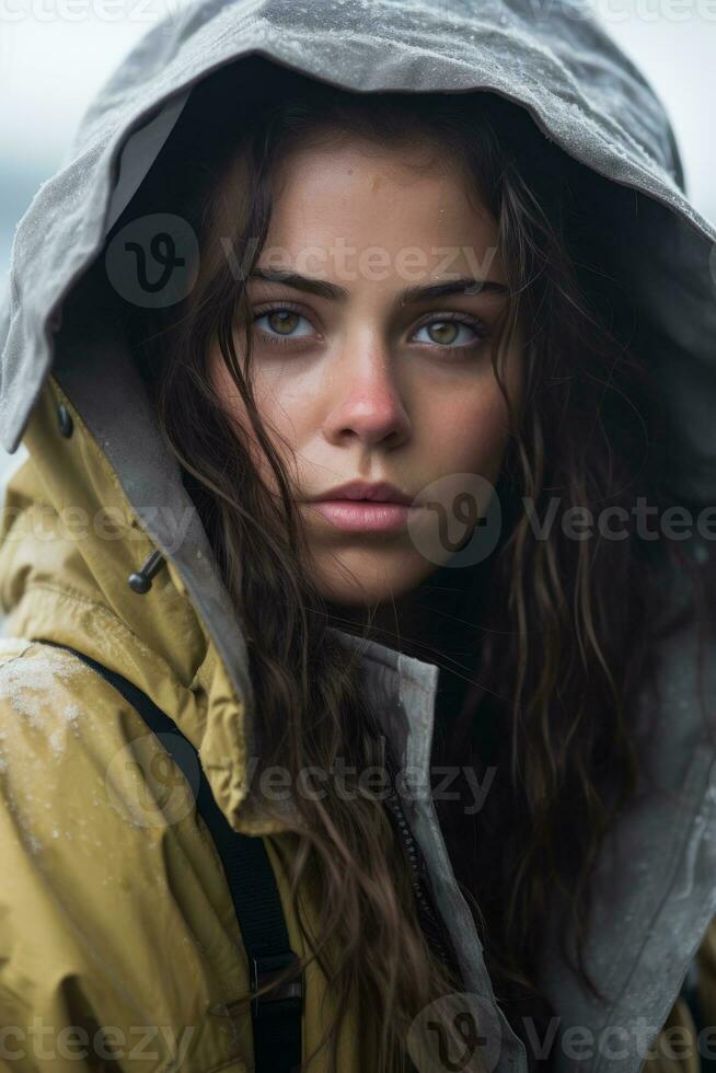 a woman in a yellow jacket generative ai photo