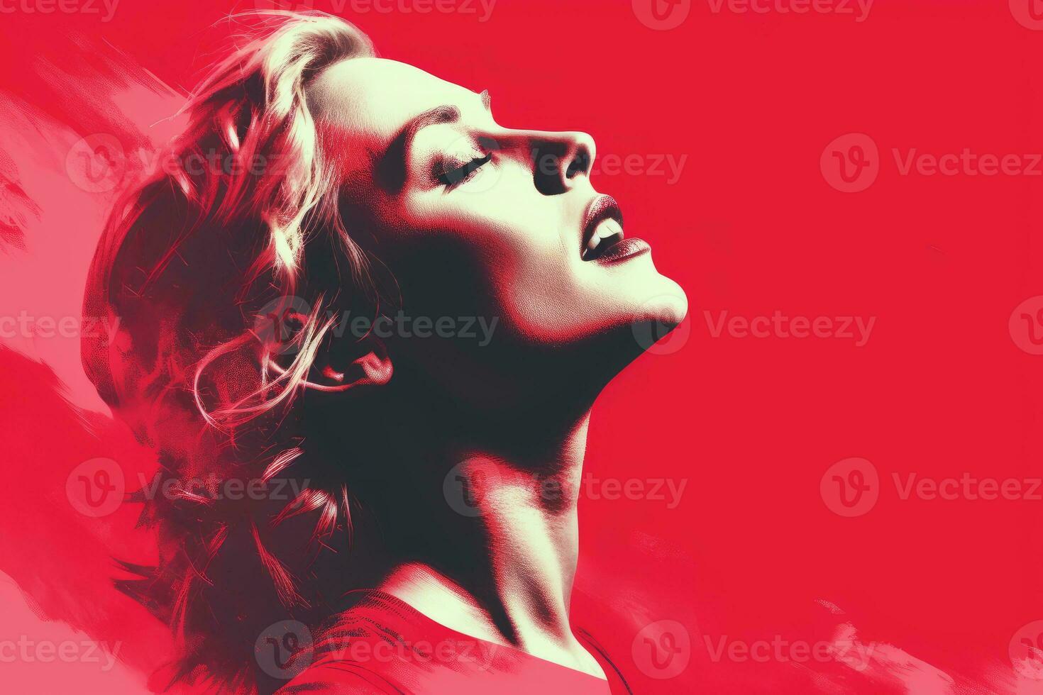 a woman in red is looking up with her eyes closed generative ai photo