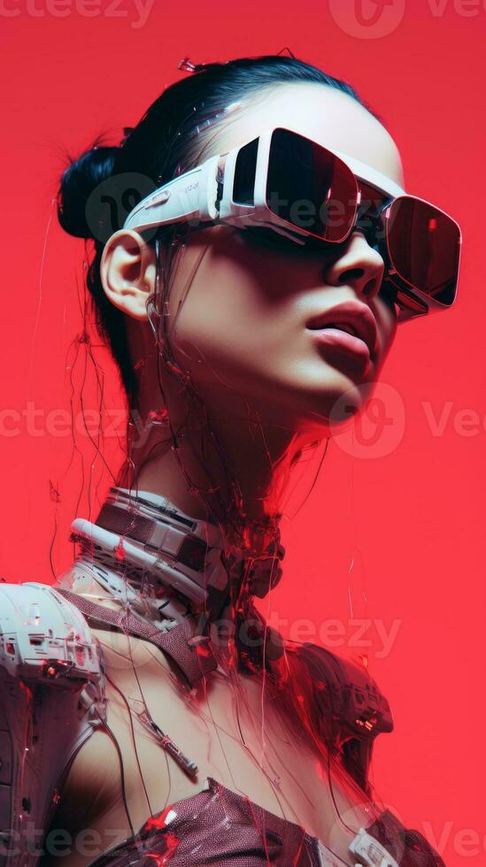 a woman in futuristic glasses and a red background generative ai photo