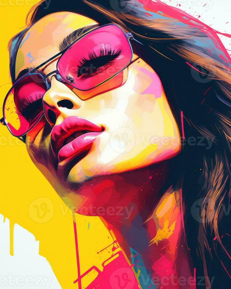 a woman in sunglasses and a colorful background generative ai photo