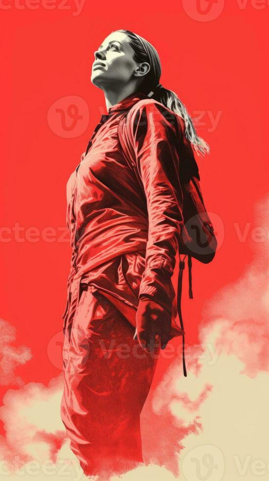 a woman in red is standing in front of a red background generative ai photo