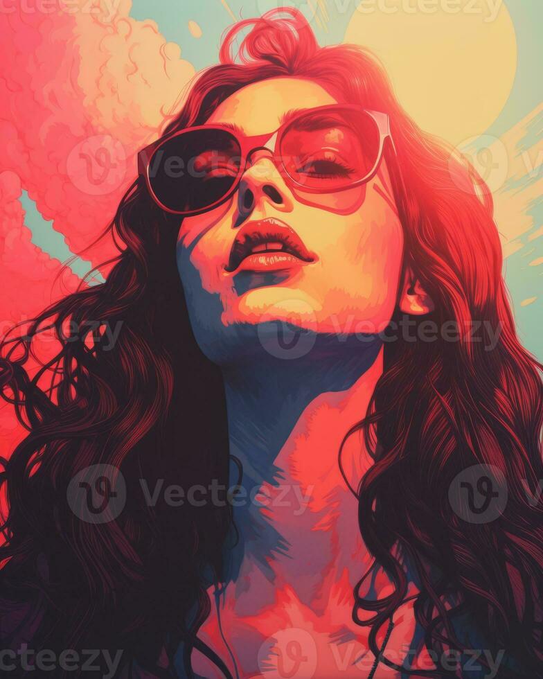 a woman in sunglasses and a red and blue background generative ai photo
