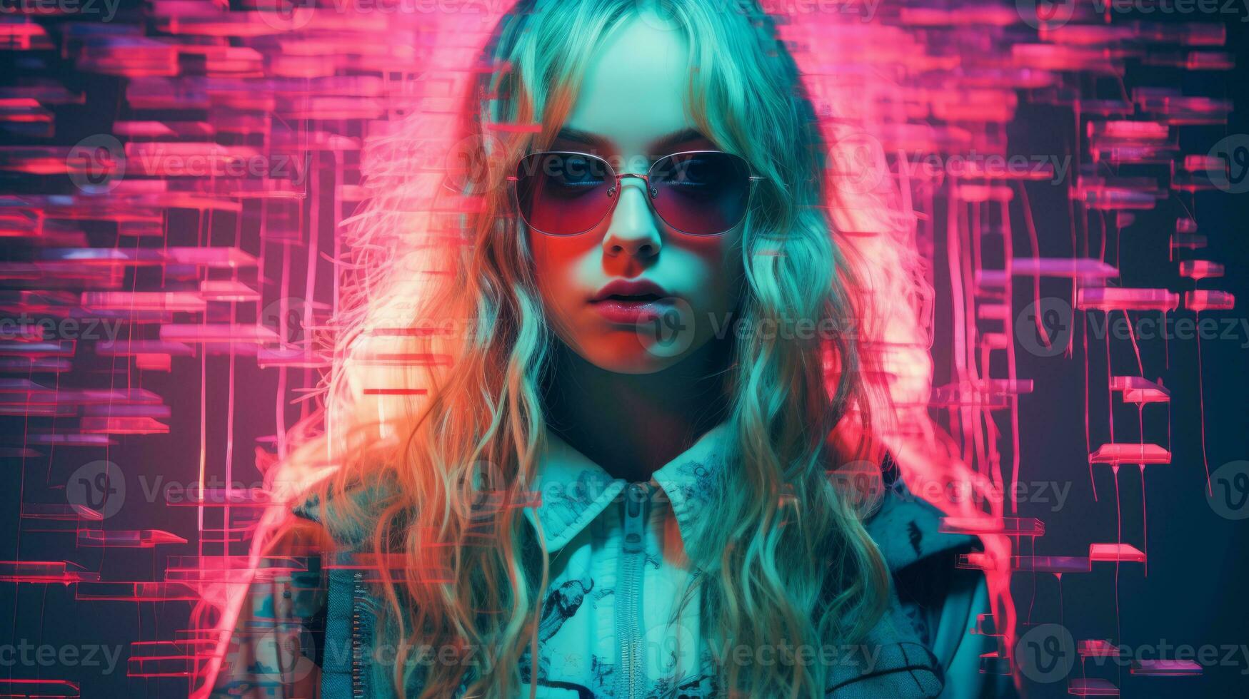 a woman in sunglasses and a jacket standing in front of neon lights generative ai photo