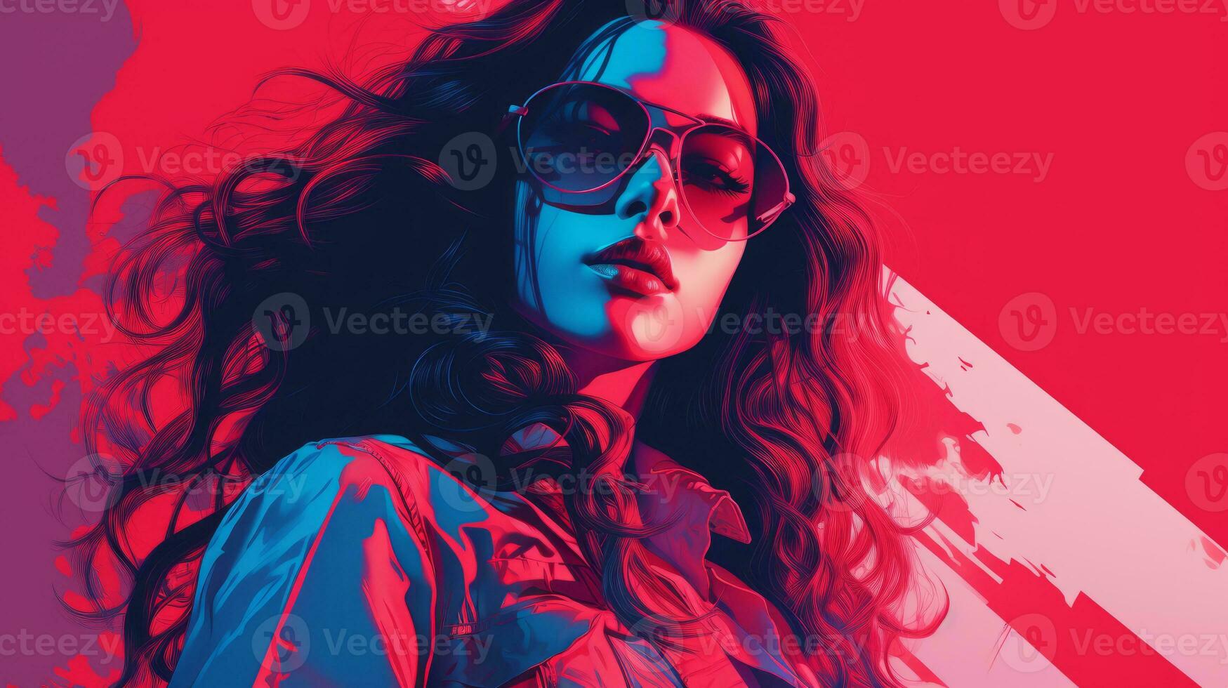 a woman in sunglasses and a red and blue background generative ai photo