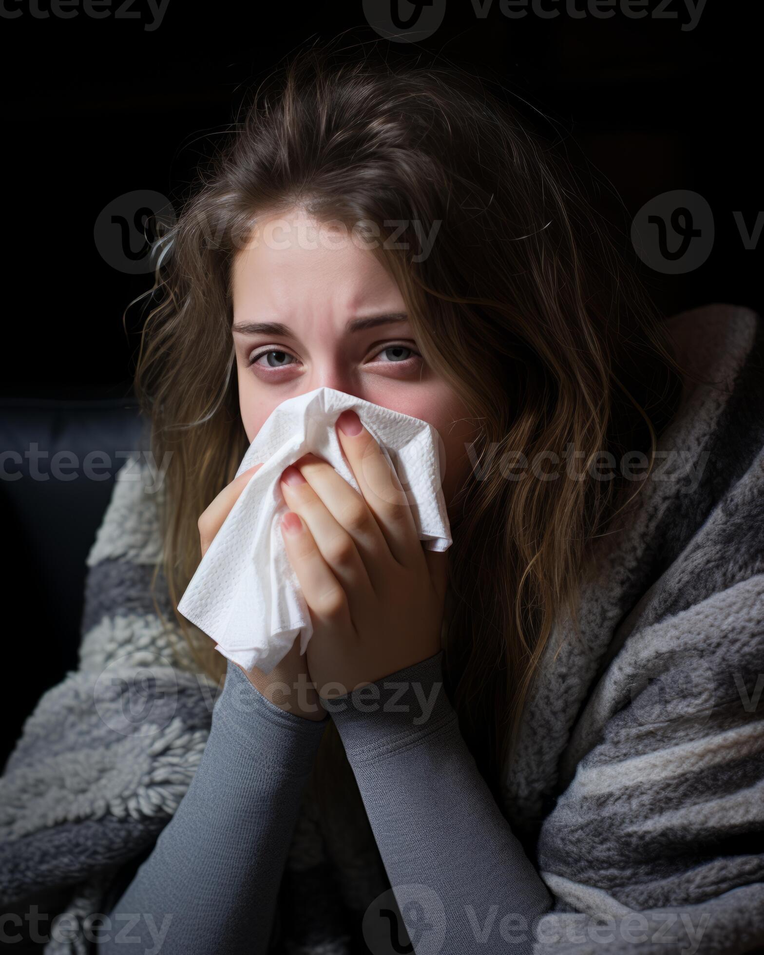 a woman is blowing her nose while sitting on a couch generative ai