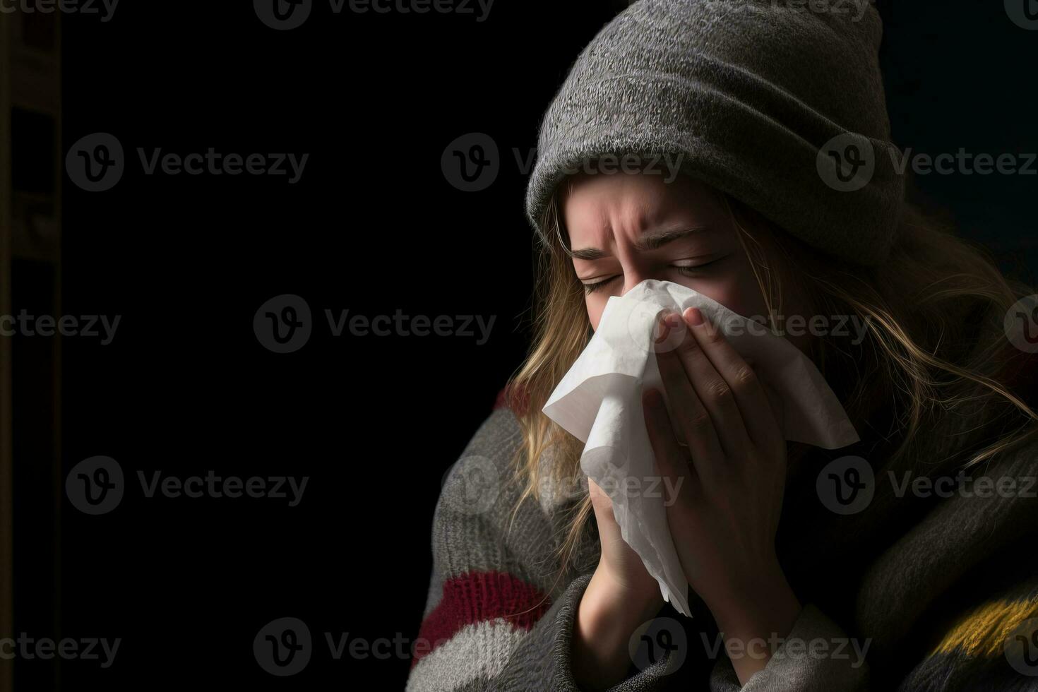 a woman is blowing her nose with a tissue generative ai photo