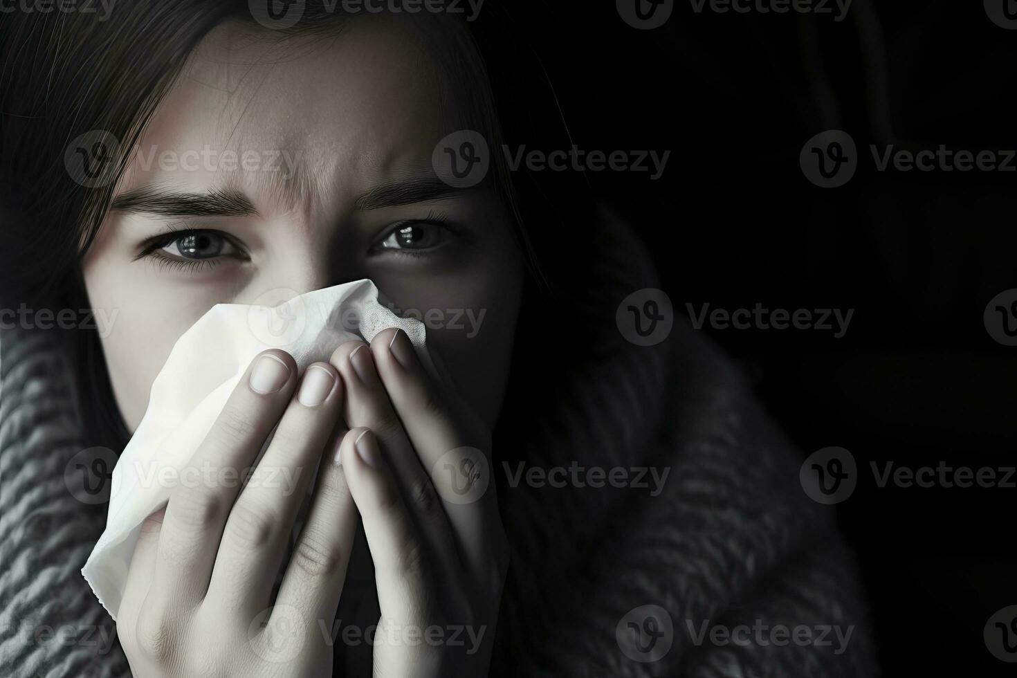 a woman is blowing her nose with a tissue generative ai photo