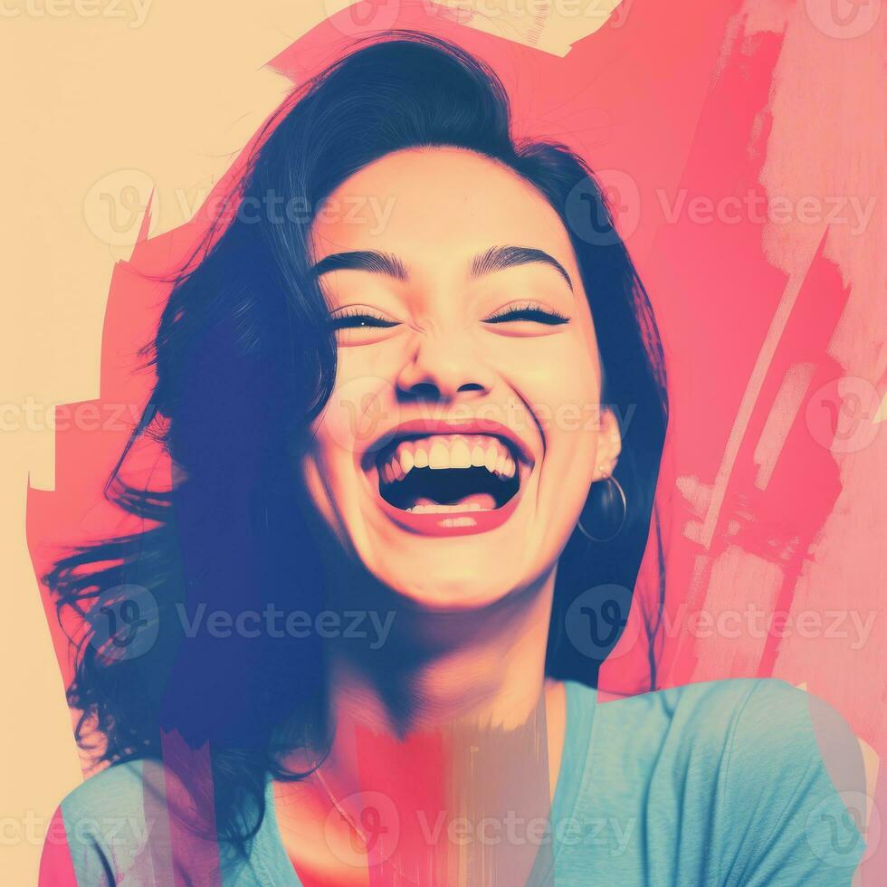 a woman is laughing and smiling in front of a colorful background generative ai photo
