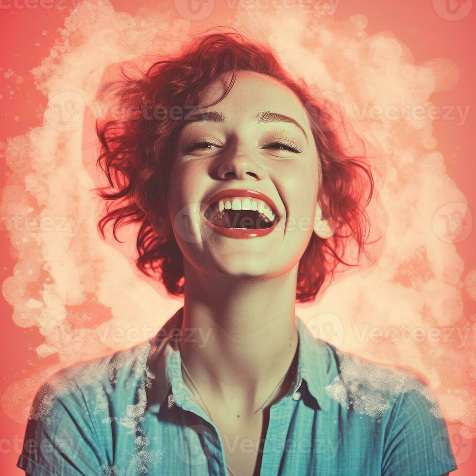 a woman is laughing and smiling in front of a red background generative ai photo
