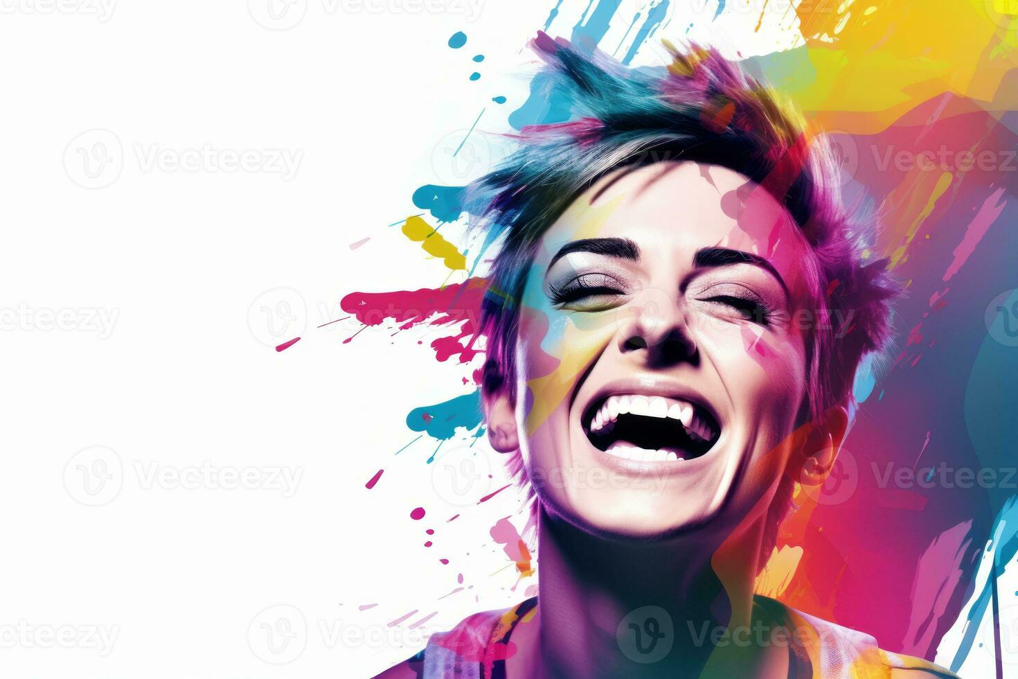 a woman is laughing in front of a colorful background generative ai photo