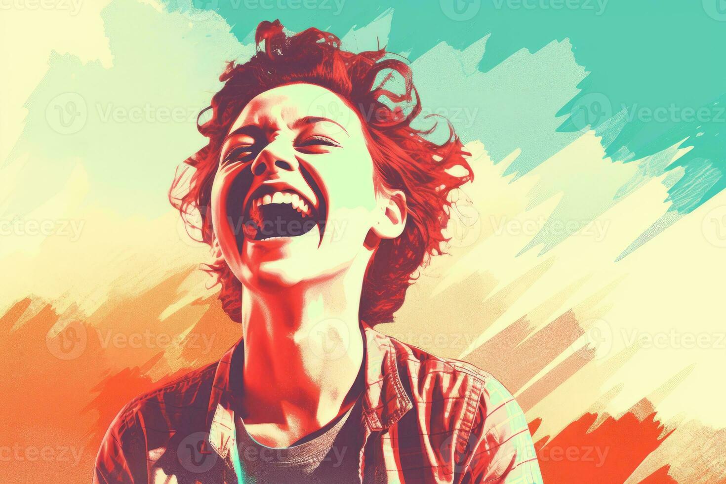 a woman is laughing in front of a colorful background generative ai photo