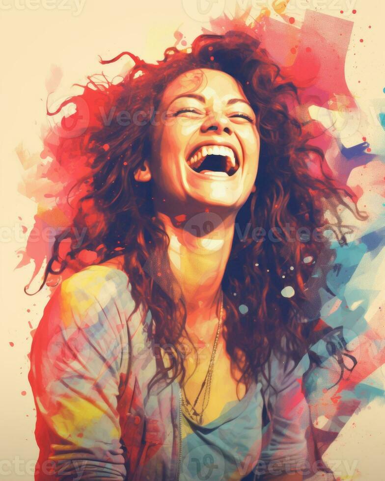 a woman is laughing in front of a colorful background generative ai photo