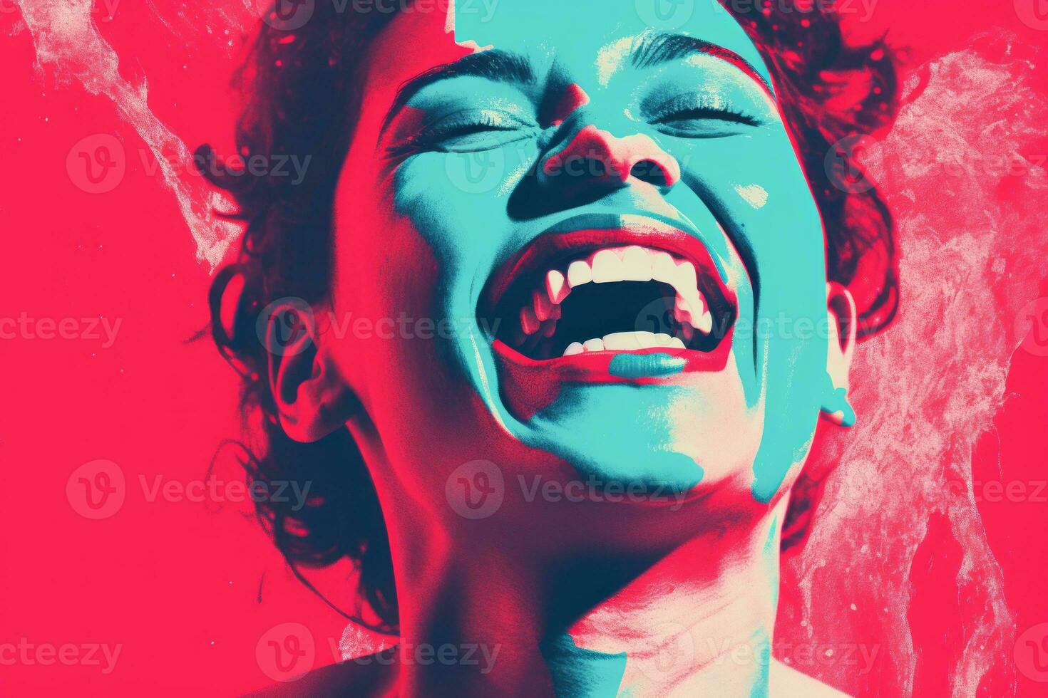 a woman is laughing in front of a red and blue background generative ai photo
