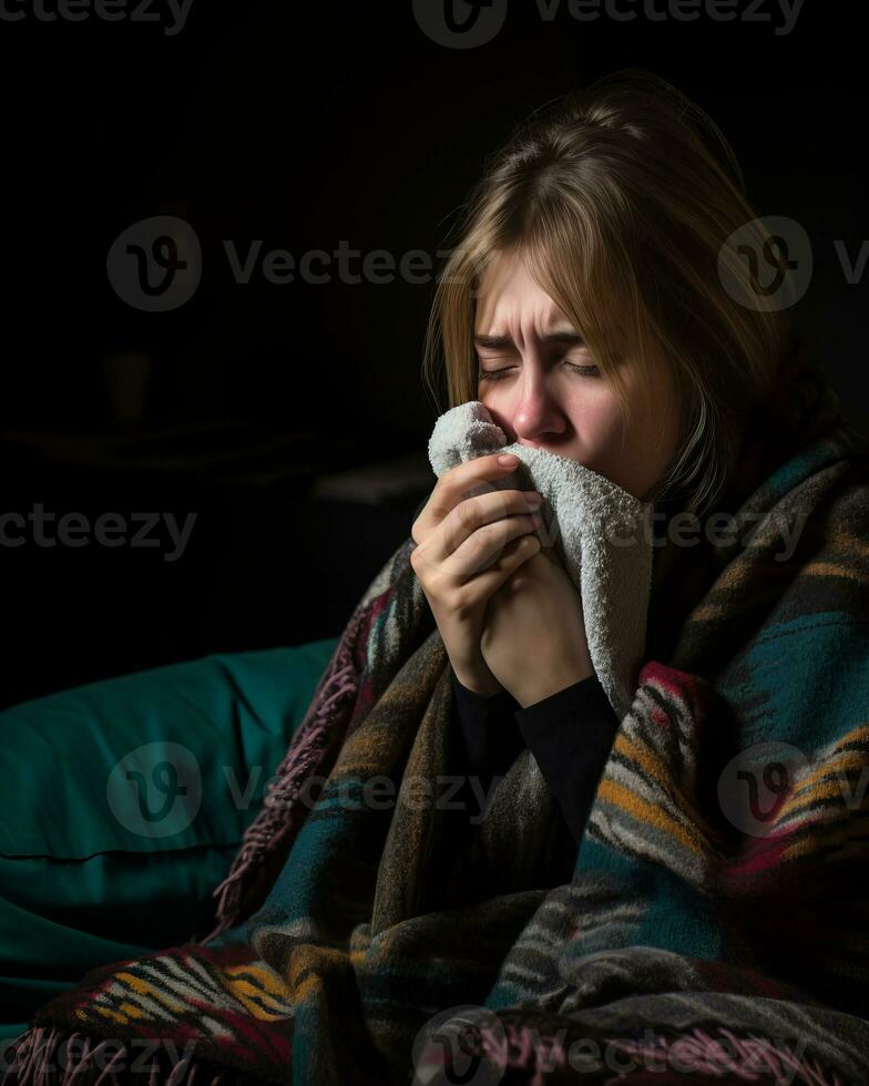 a woman is sitting on a couch and blowing her nose generative ai photo