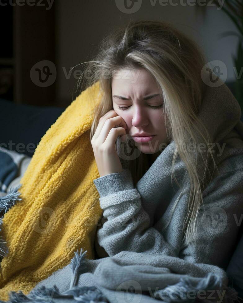 a woman is sitting on a couch with a blanket wrapped around her generative ai photo