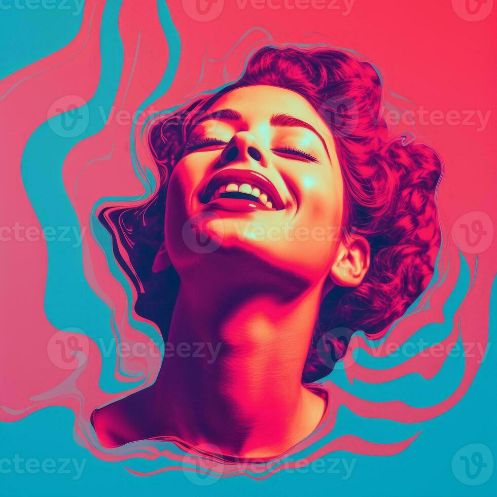 a woman is smiling in front of a colorful background generative ai photo