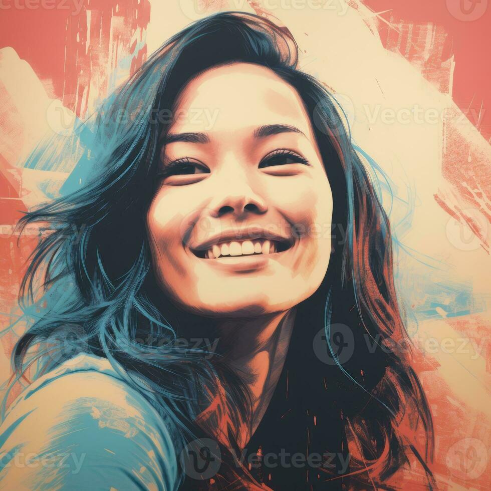 a woman is smiling in front of a colorful background generative ai photo