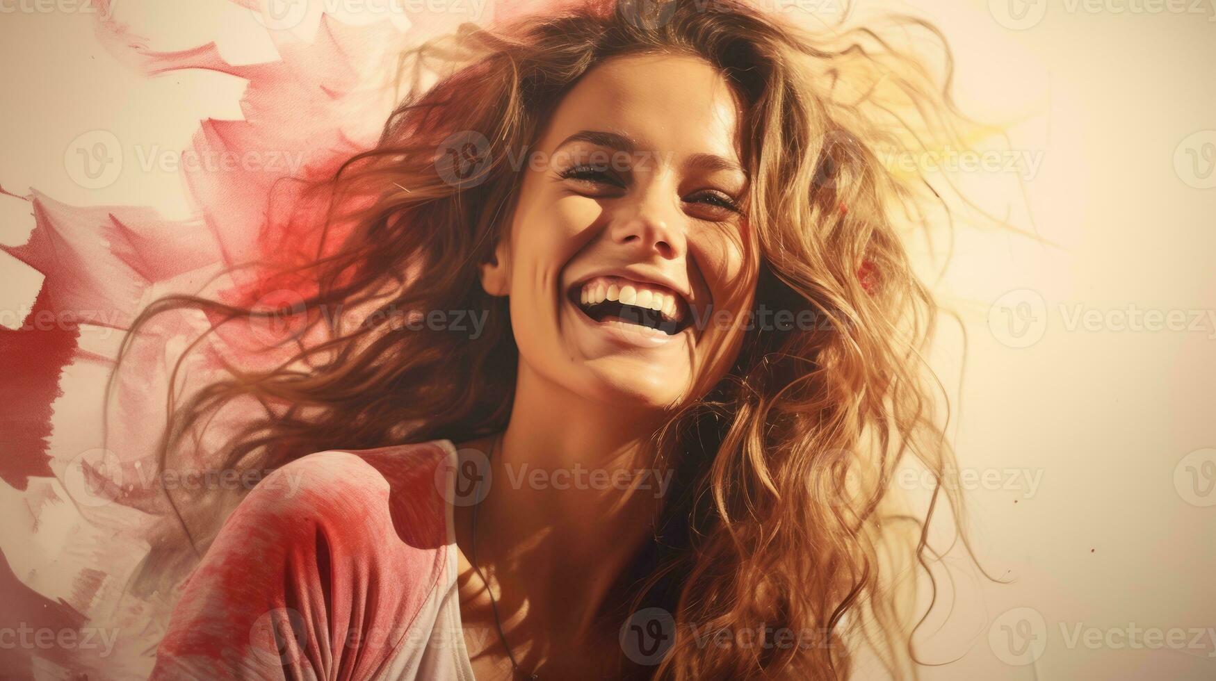 a woman is smiling with her hair blowing in the wind generative ai photo
