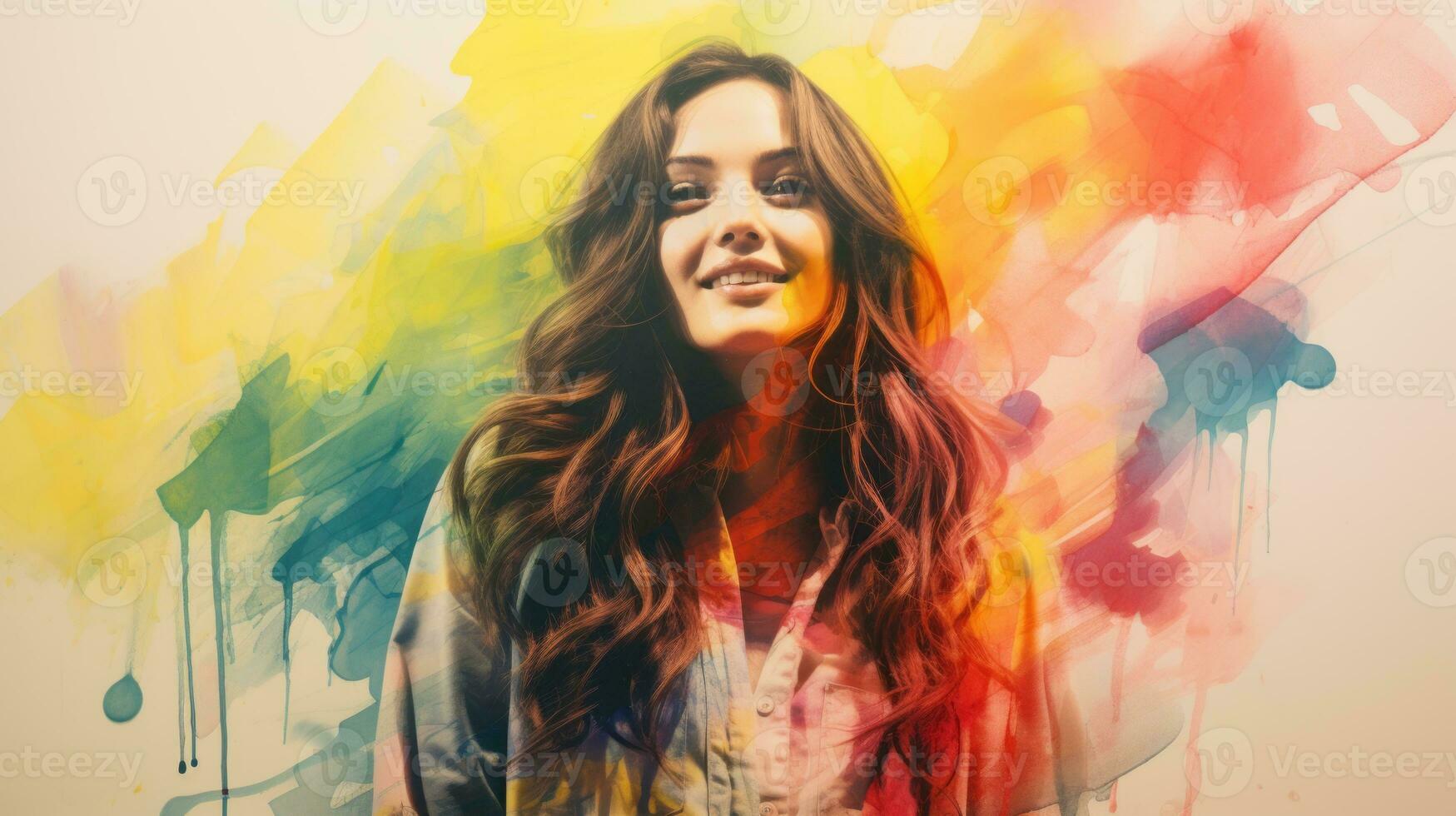 a woman is smiling in front of a colorful background generative ai photo