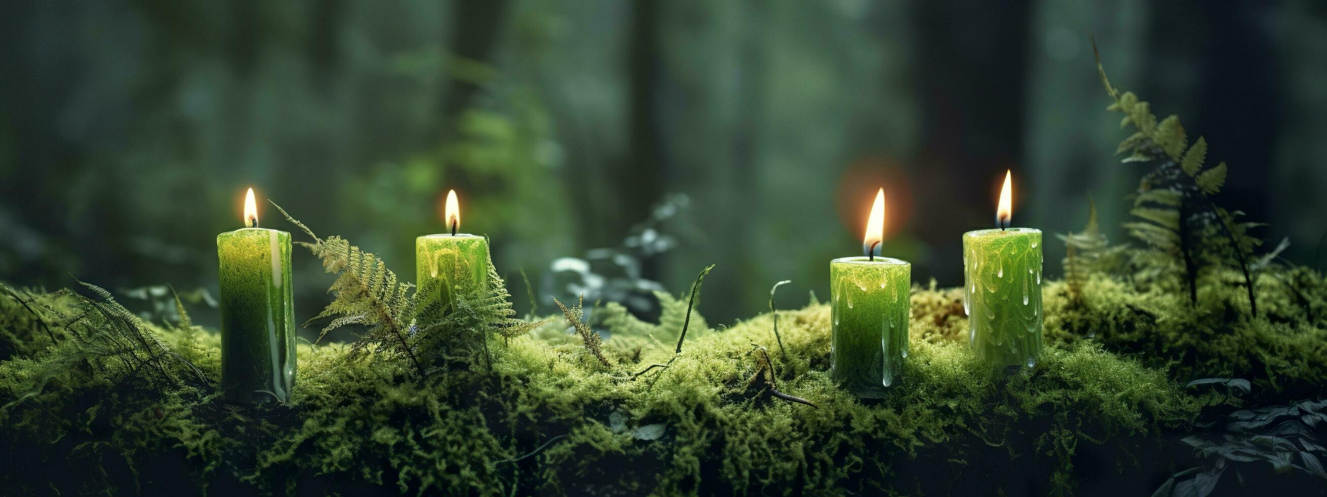 Burning candles on moss, dark green blurred the natural background. Magic candle. Generative AI photo