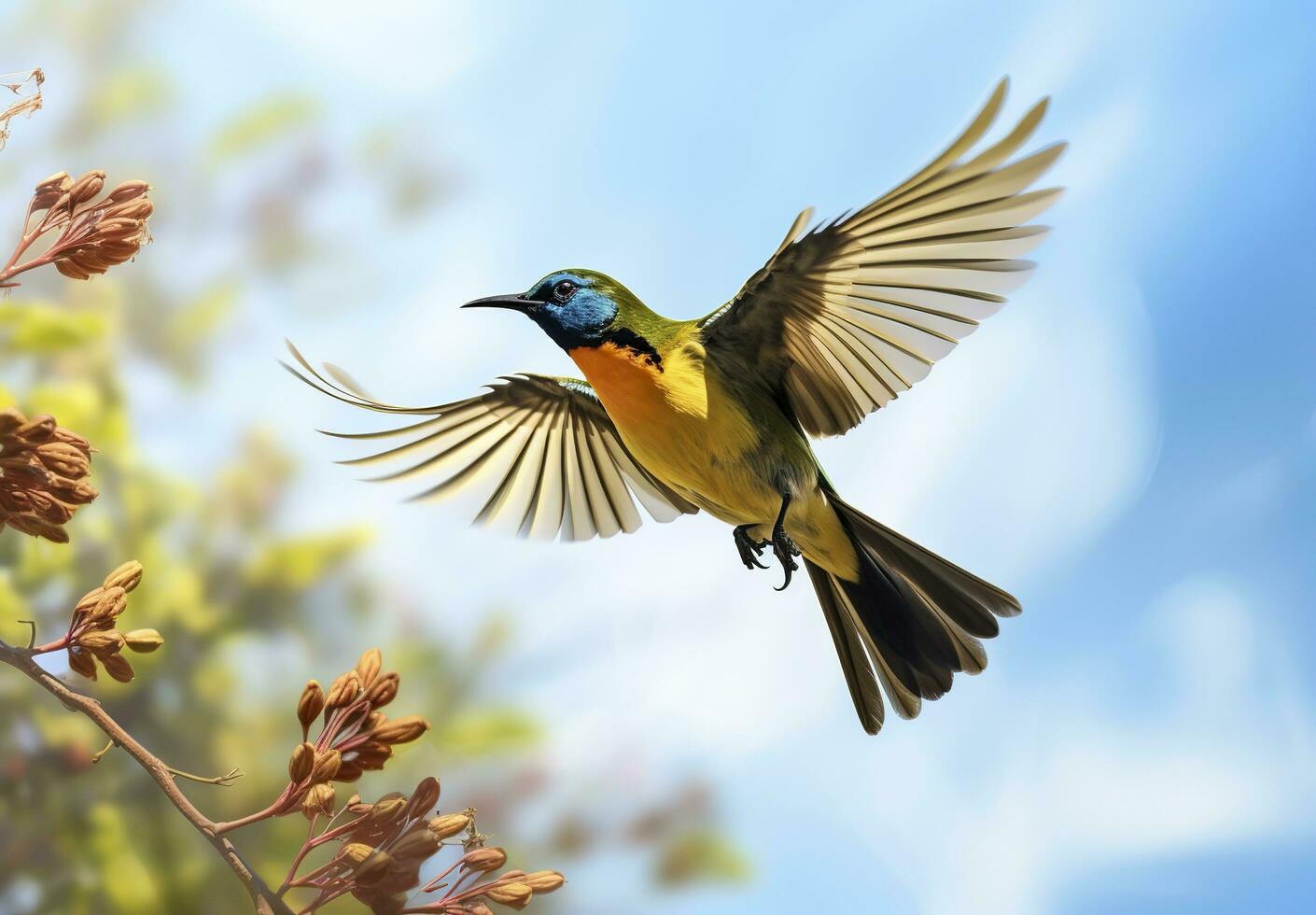 Olive backed sunbird, Yellow bellied sunbird flying in the bright sky. Generative AI photo