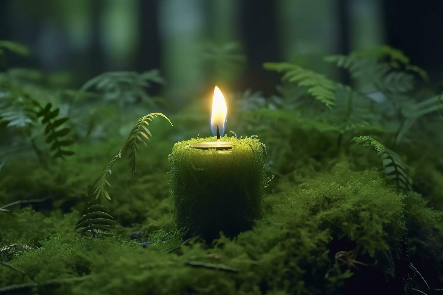 Burning candle on moss, dark green blurred the natural background. Magic candle. Generative AI photo