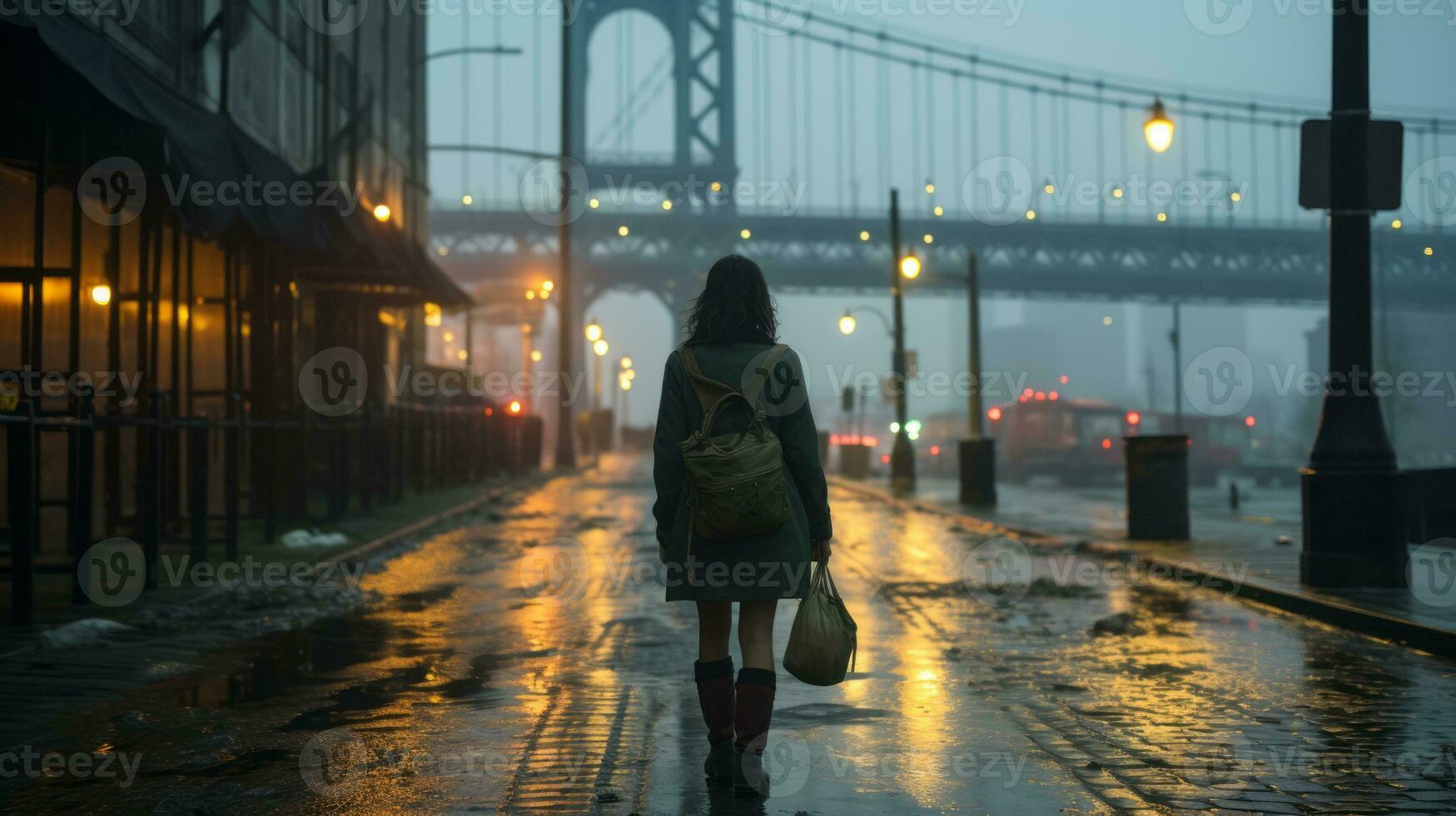 a woman is walking down a wet street in the rain generative ai photo