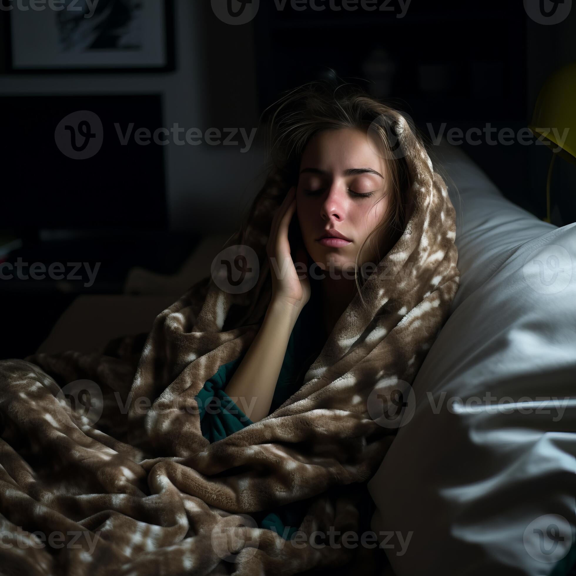 a woman is wrapped up in a blanket on a bed generative ai 32106545