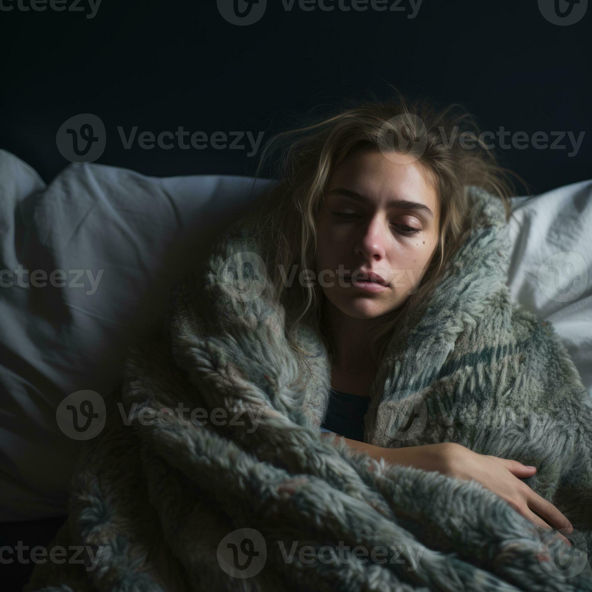 a woman is wrapped up in a blanket on a bed generative ai 32106557