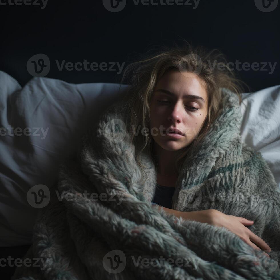 a woman is wrapped up in a blanket on a bed generative ai 32106557 Stock Photo at Vecteezy