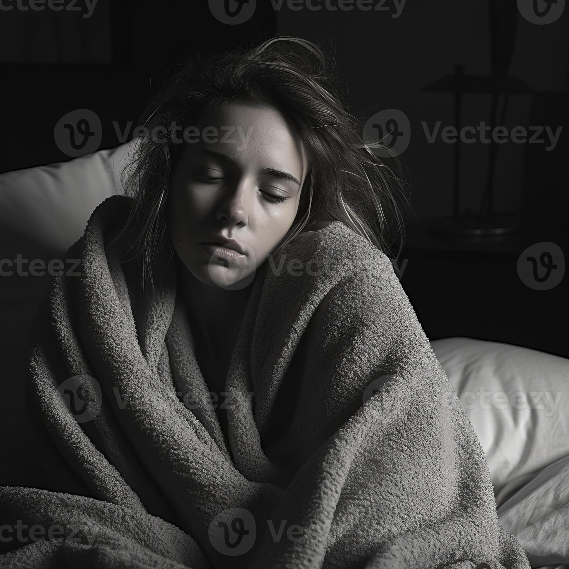 a woman is wrapped up in a blanket on a bed generative ai 32106565