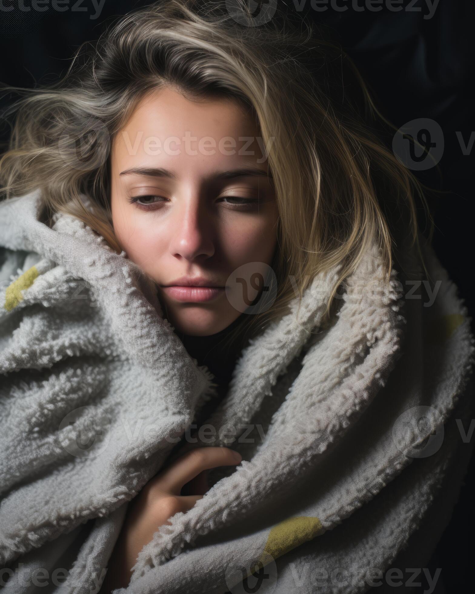 a woman is wrapped up in a blanket generative ai 32106600 Stock Photo at Vecteezy