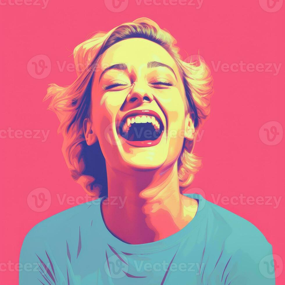 a woman laughing in front of a colorful background generative ai photo