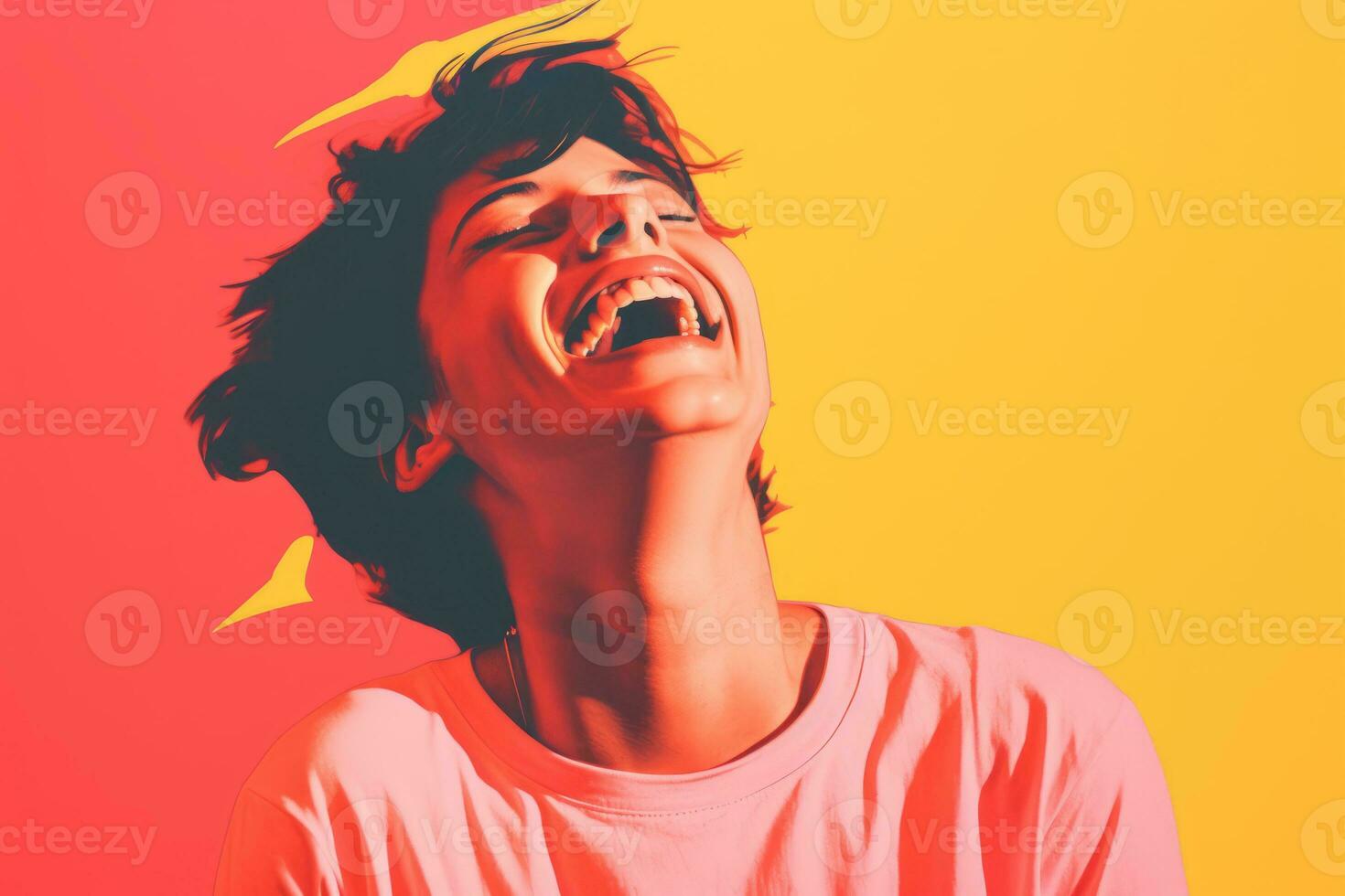 a woman laughing in front of a colorful background generative ai photo
