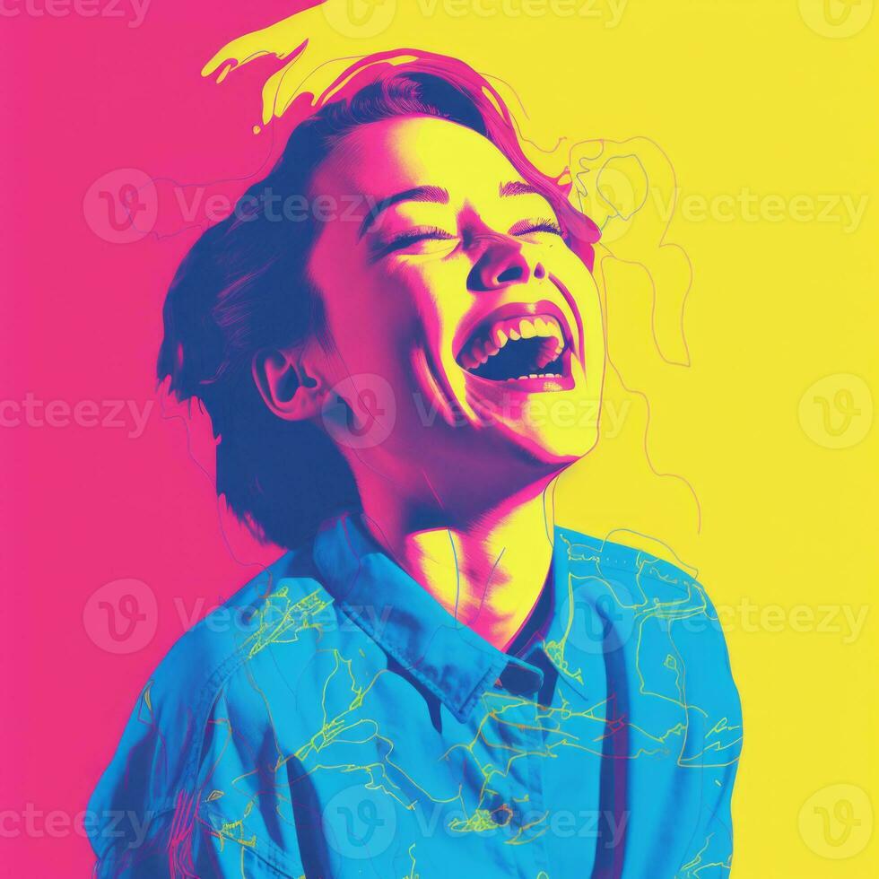 a woman laughing in front of a colorful background generative ai photo