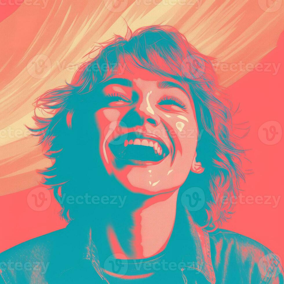a woman laughing in front of a colorful background generative ai photo