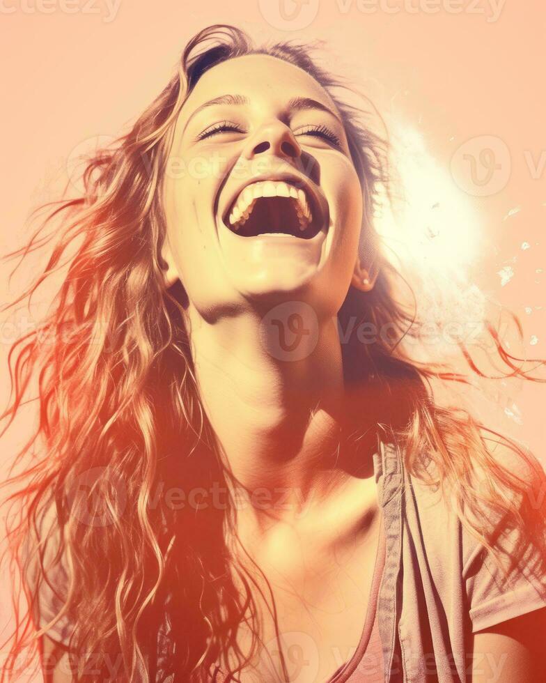 a woman laughing with her eyes wide open generative ai photo