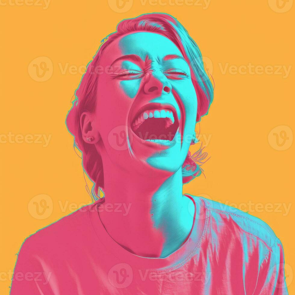 a woman laughing with her mouth open on an orange background generative ai photo