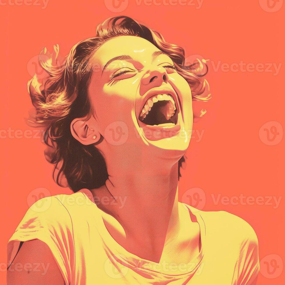 a woman laughing with her mouth open on an orange background generative ai photo