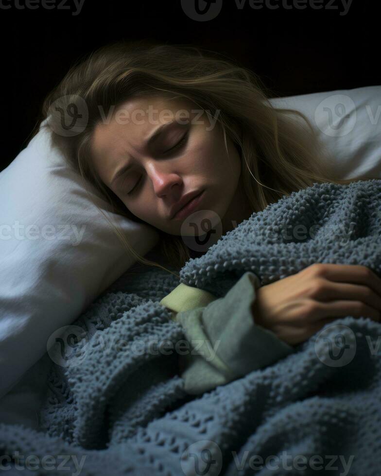 a woman laying in bed with her eyes closed generative ai photo