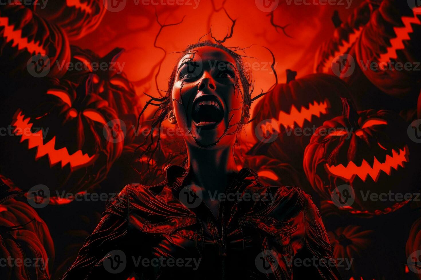 a woman screaming in front of a bunch of pumpkins generative ai photo