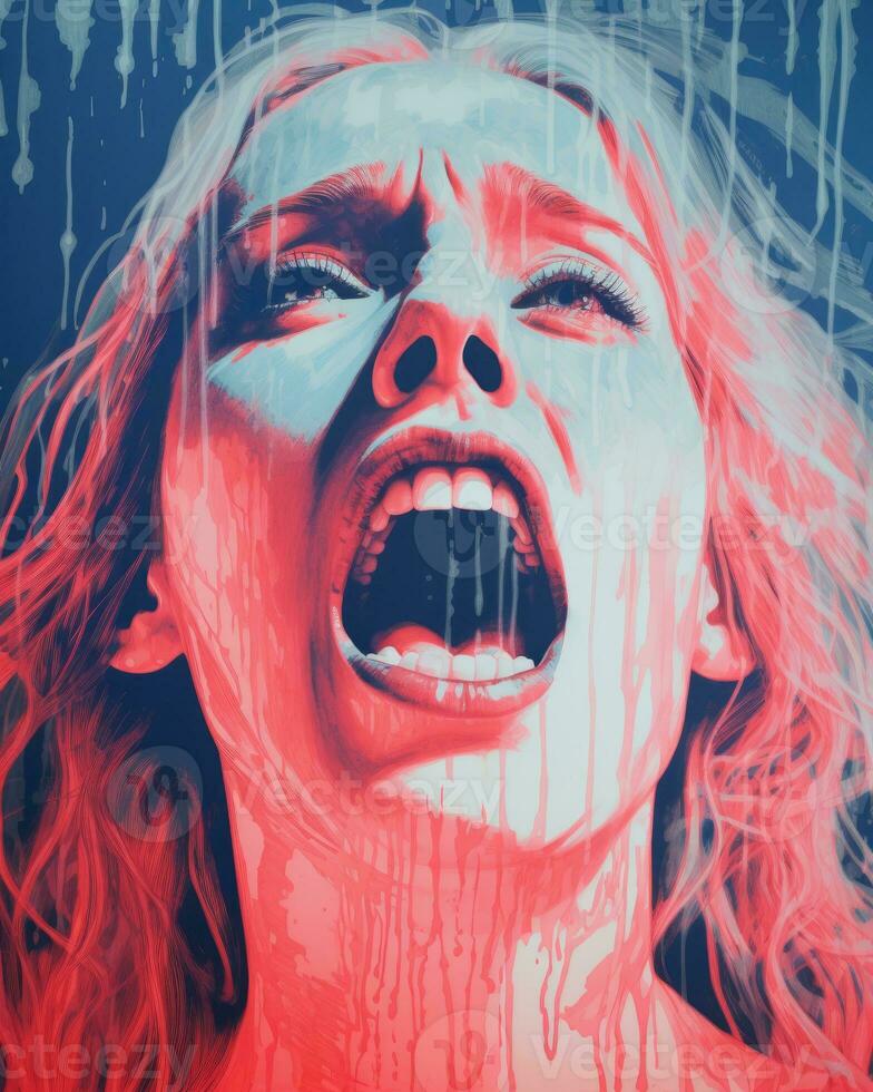 a woman screaming with blood dripping down her face generative ai photo