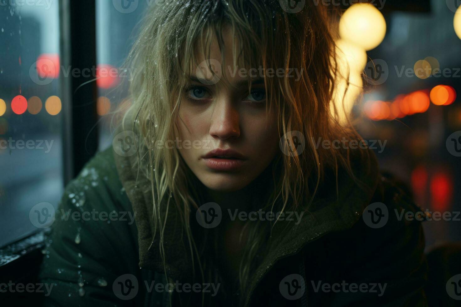 a woman sitting on a bus in the rain generative ai photo