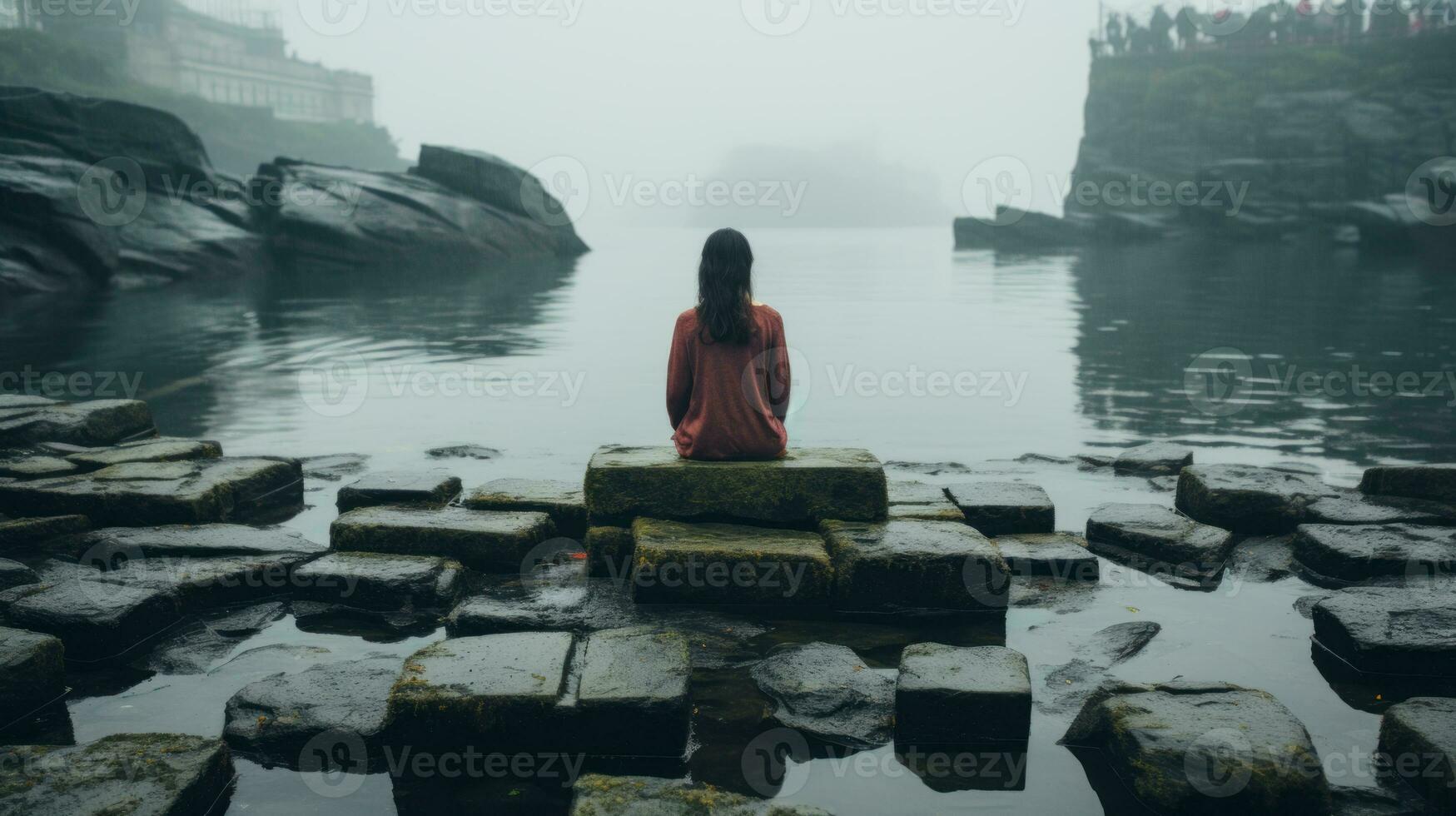a woman sitting on a rock in front of a body of water generative ai photo