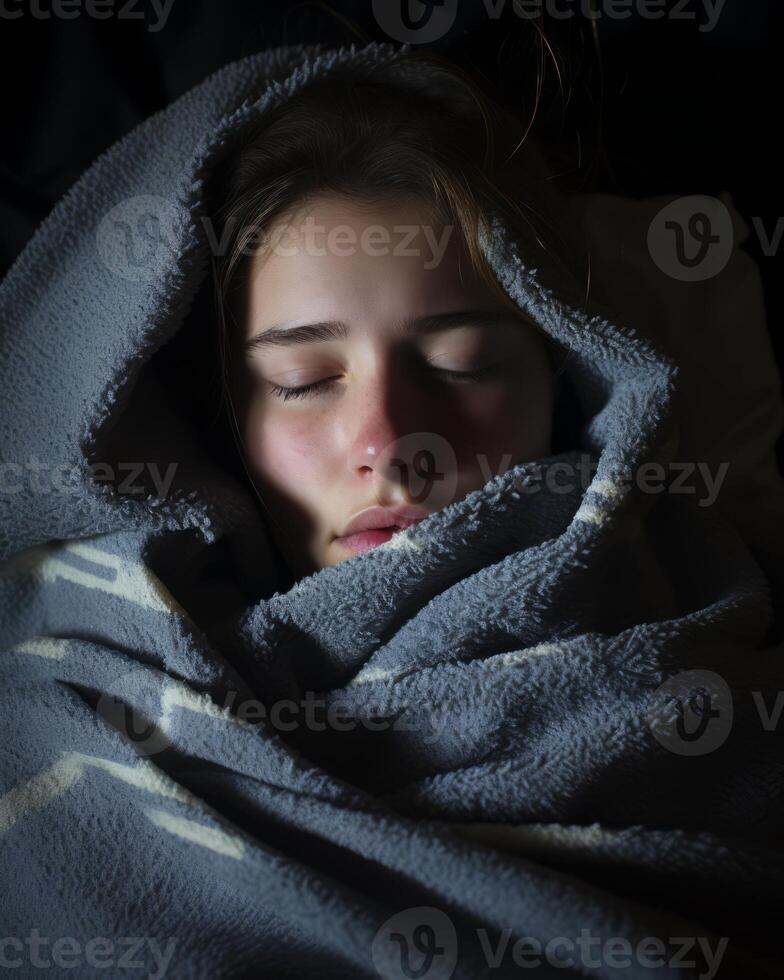 a woman sleeping under a blanket generative ai 32106846 Stock Photo at