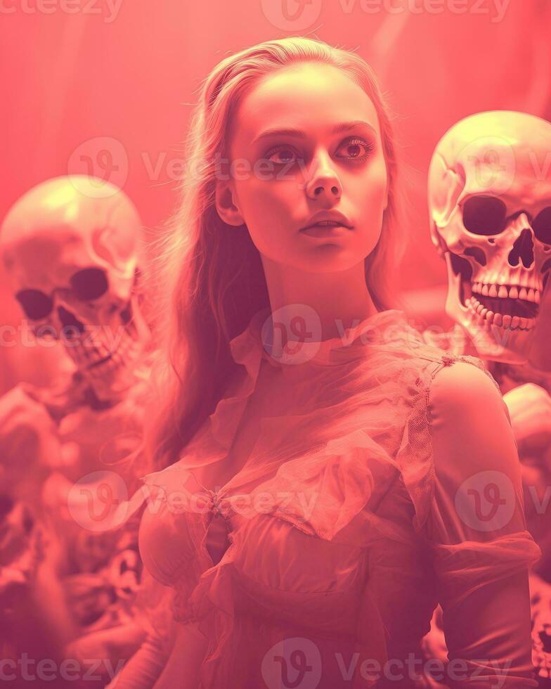 a woman standing in front of a group of skeletons generative ai photo
