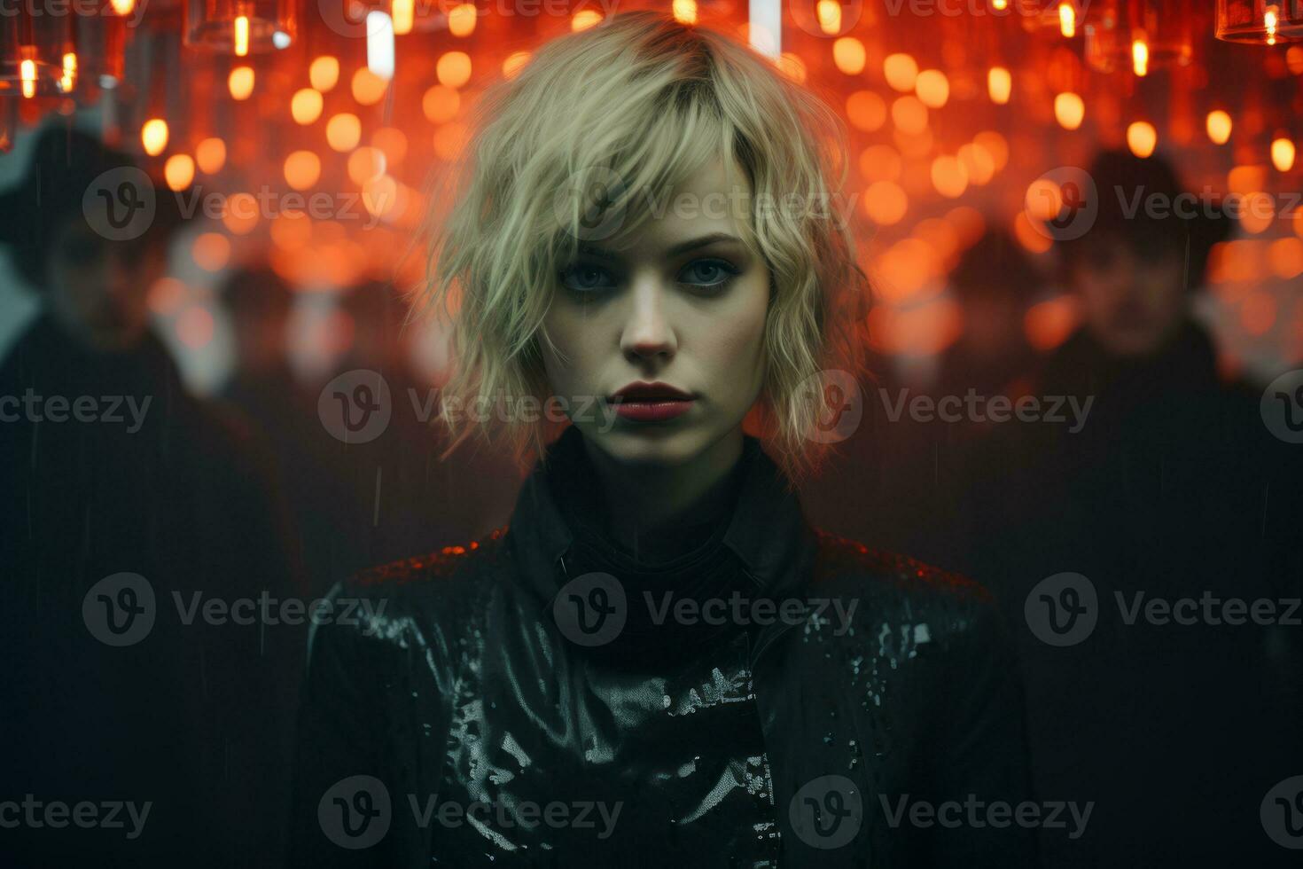a woman standing in front of a group of people with red lights generative ai photo